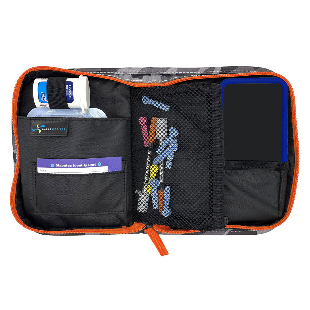 Inside of the Omnipod supply case with a specially designed loop for test strip botte, pocket for pod, mesh pocket for lancet and syringes. 