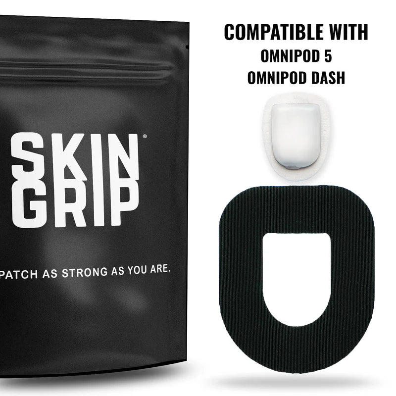 Black bag of Omnipod Skin Grip in black compatible with Omnipod 5 and Omnipod Dash. 