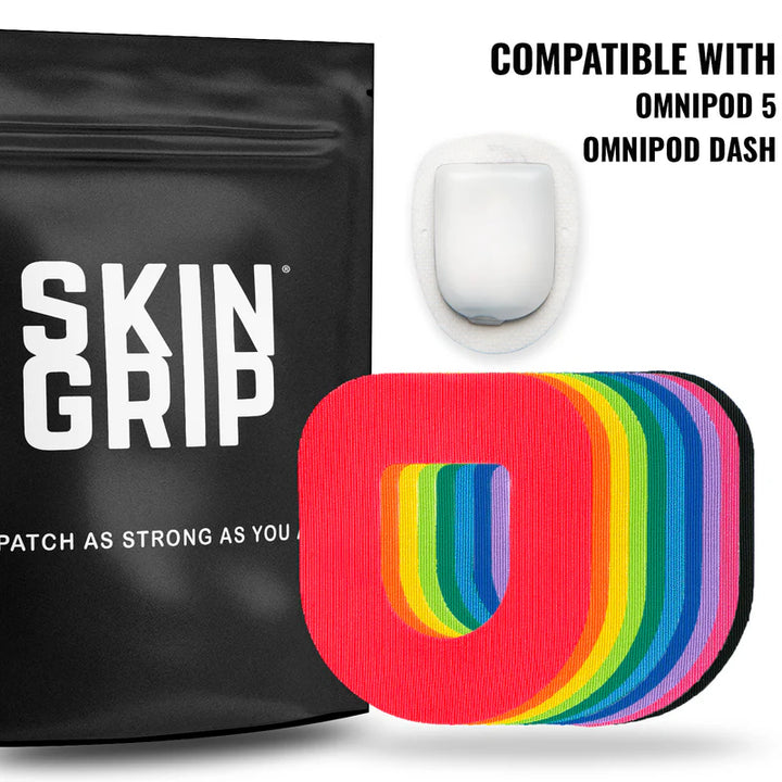 Black bag of Omnipod Skin Grip in rainbow colors compatible with Omnipod 5 and Omnipod Dash. 