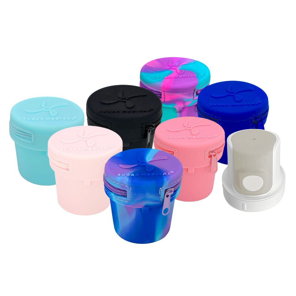 Front of all the colors of the Dexcom G7 Protective Travel Cases with Dexcom 7 inserter next to it.