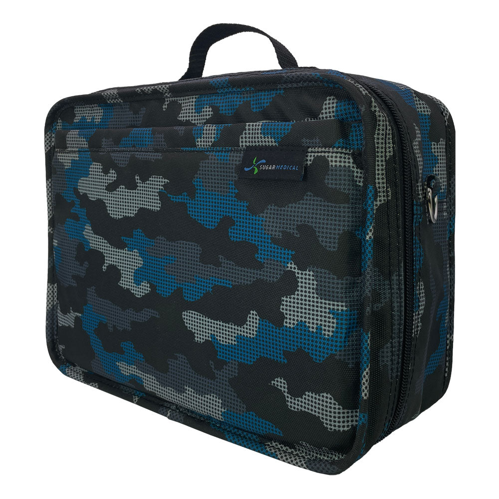 Sugar Medical Diabetes Insulated Travel Bag in Blue Digital Camo side with handle. 