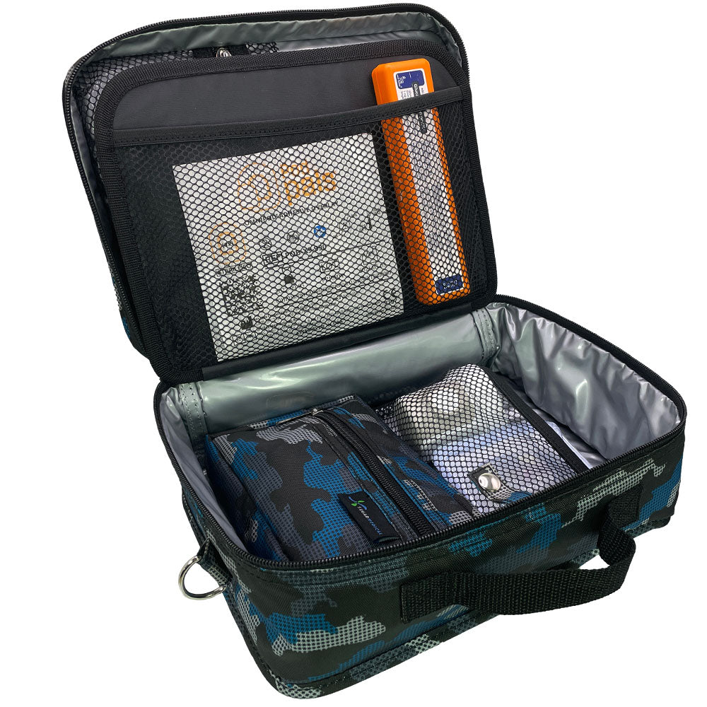 Diabetes Insulated Travel Bag in Blue Digital Camo back compartment for a glucagon kit, Omnipod supplies, extra pods, snacks, glucose tablets, and includes a removable pouch. 
