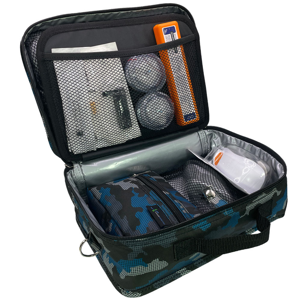 Diabetes Insulated Travel Bag in Blue Digital Camo back compartment for a glucagon kit, Tandem supplies, Dexcom, snacks, glucose tablets, and includes a removable pouch. 