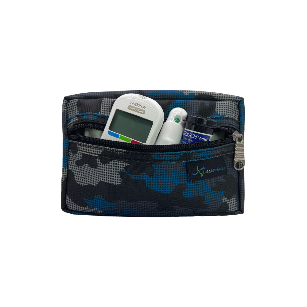 Blue Digital Camo removable supply pouch that fits glucose meter, test strip and lancet. 