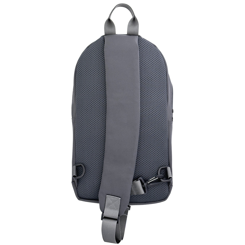 Diabetes Roam Insulated Sling Backpack in charcoal grey strap that can be worn on your right or left 