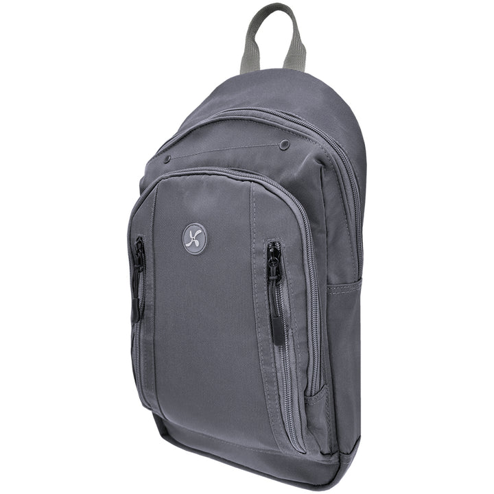 Diabetes Roam Insulated Sling Backpack in charcoal grey side with two front zippers and two back compartments. 