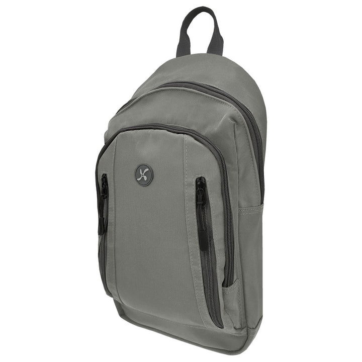 Gray backpack with a brand logo on a white background