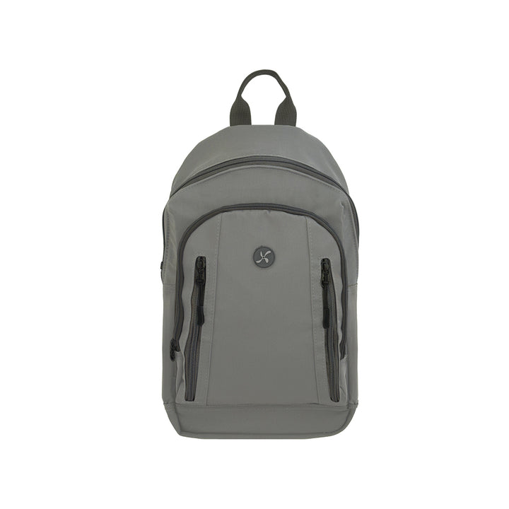 A gray backpack with black zipper details and a circular logo on the front pocket, shown against a plain white background.