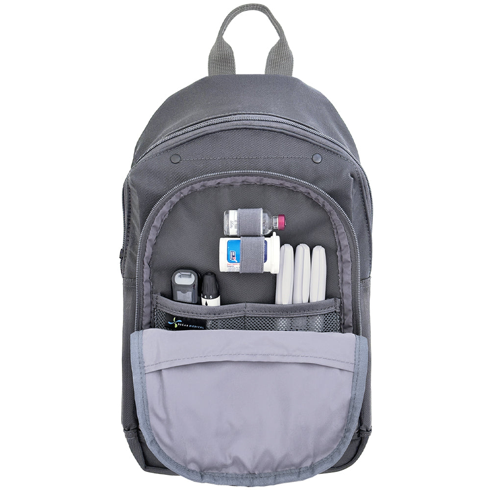 Diabetes Roam Insulated Sling Backpack in charcoal grey inside set up with glucose meter, test strips, lancet, insulin pens and vial. 