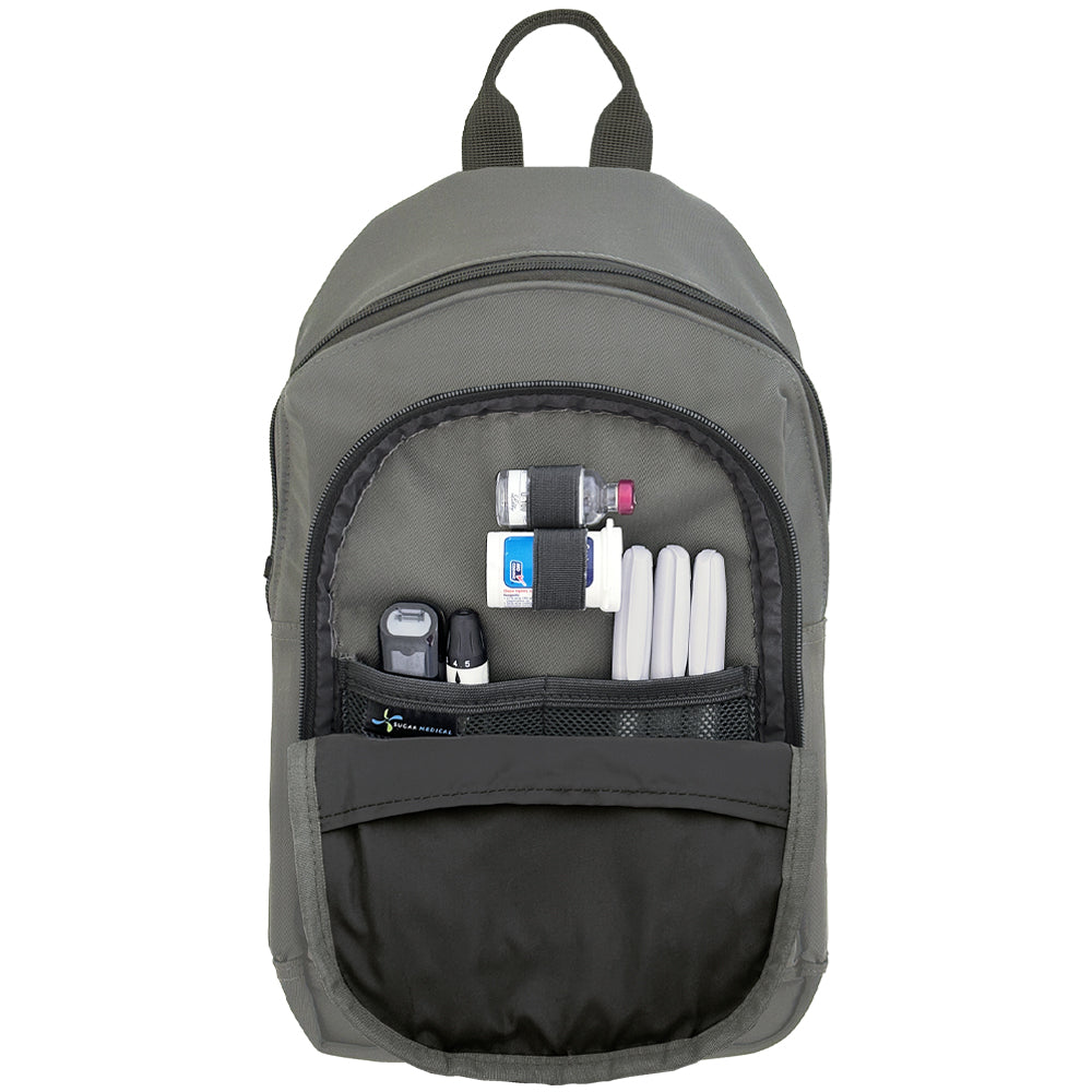 Gray backpack with organized diabetes supplies in front pocket on a white background