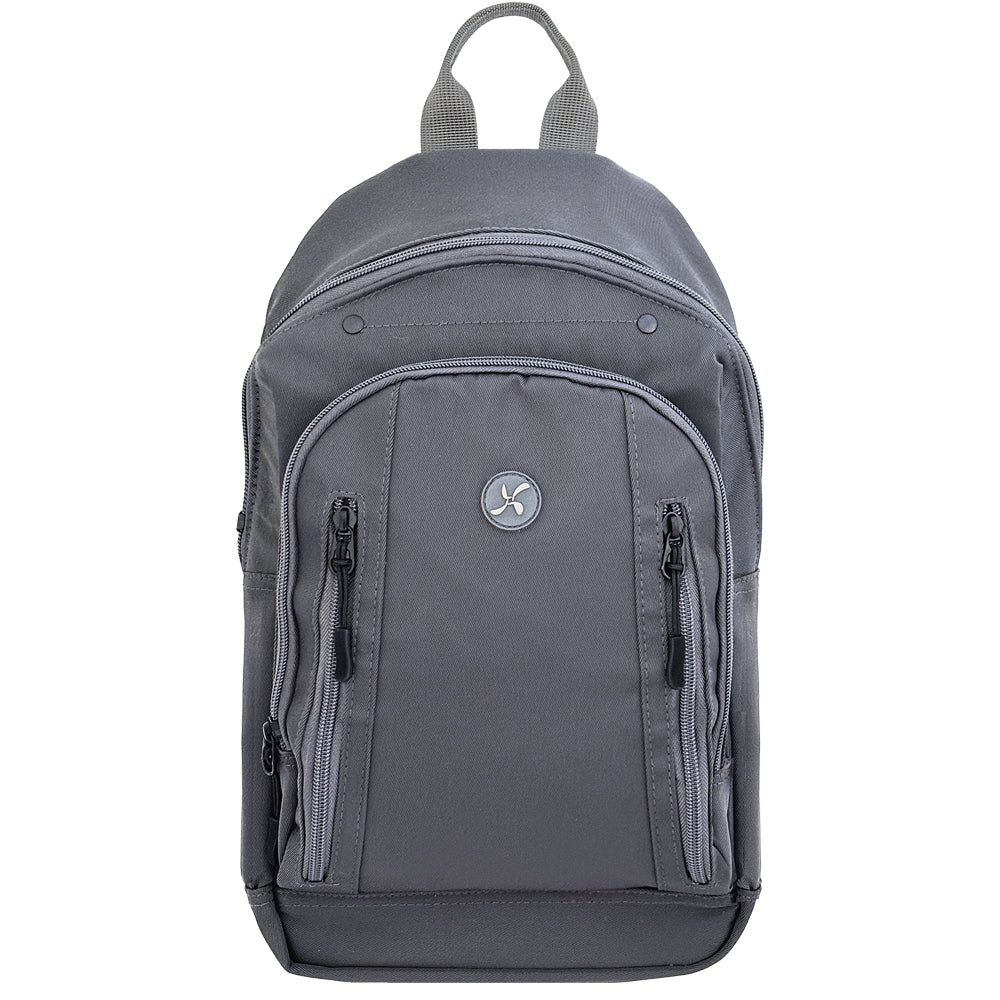 Sugar Medical Diabetes Roam Insulated Sling Backpack in charcoal grey with front pocket to organize your medical supplies and back insulated pocket to keep items cool. 