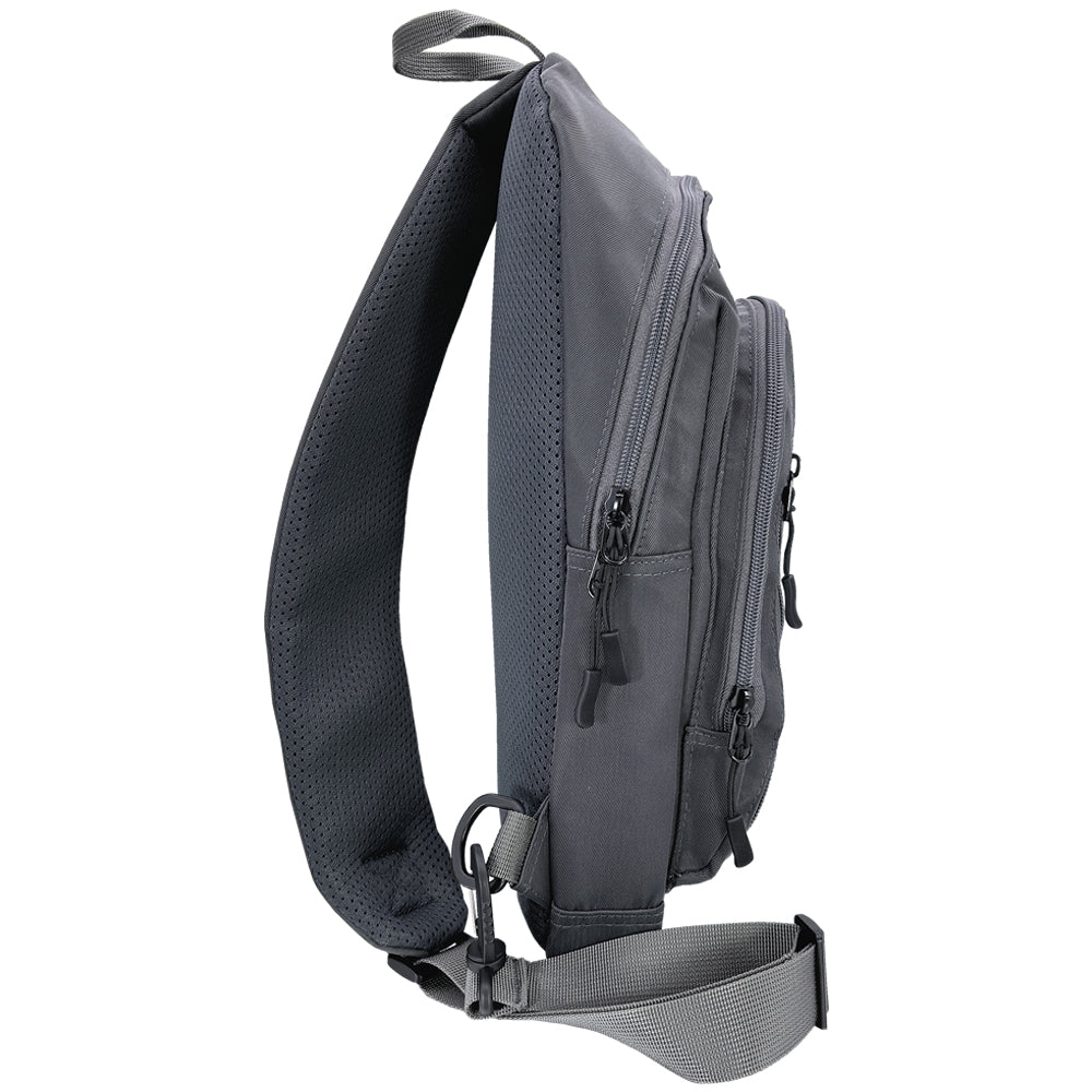 Diabetes Roam Insulated Sling Backpack in charcoal grey side with strap that can worn on your left or right shoulder. 