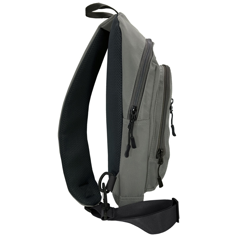 Gray sling bag with black strap on a white background