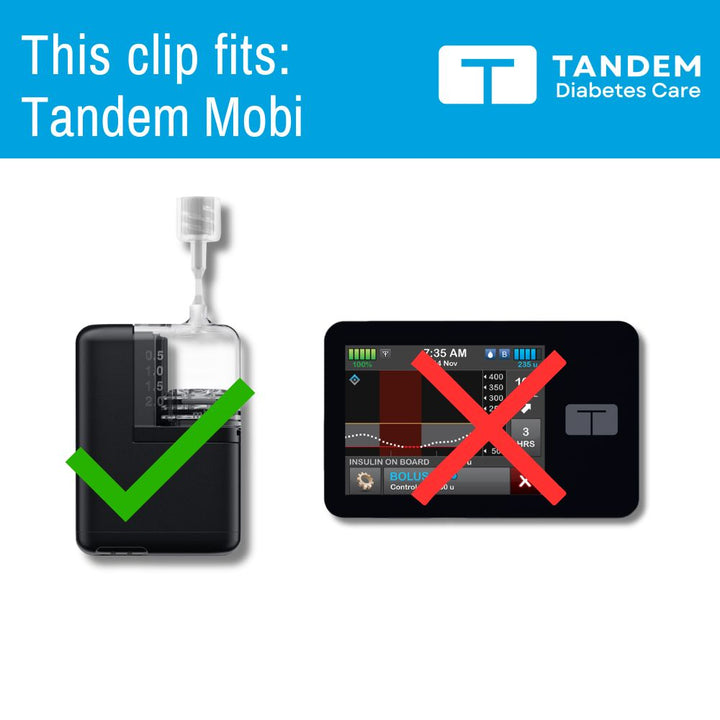 Comparison of a clip fitting Tandem Mobi device with correct and incorrect options, featuring Tandem Diabetes Care branding.