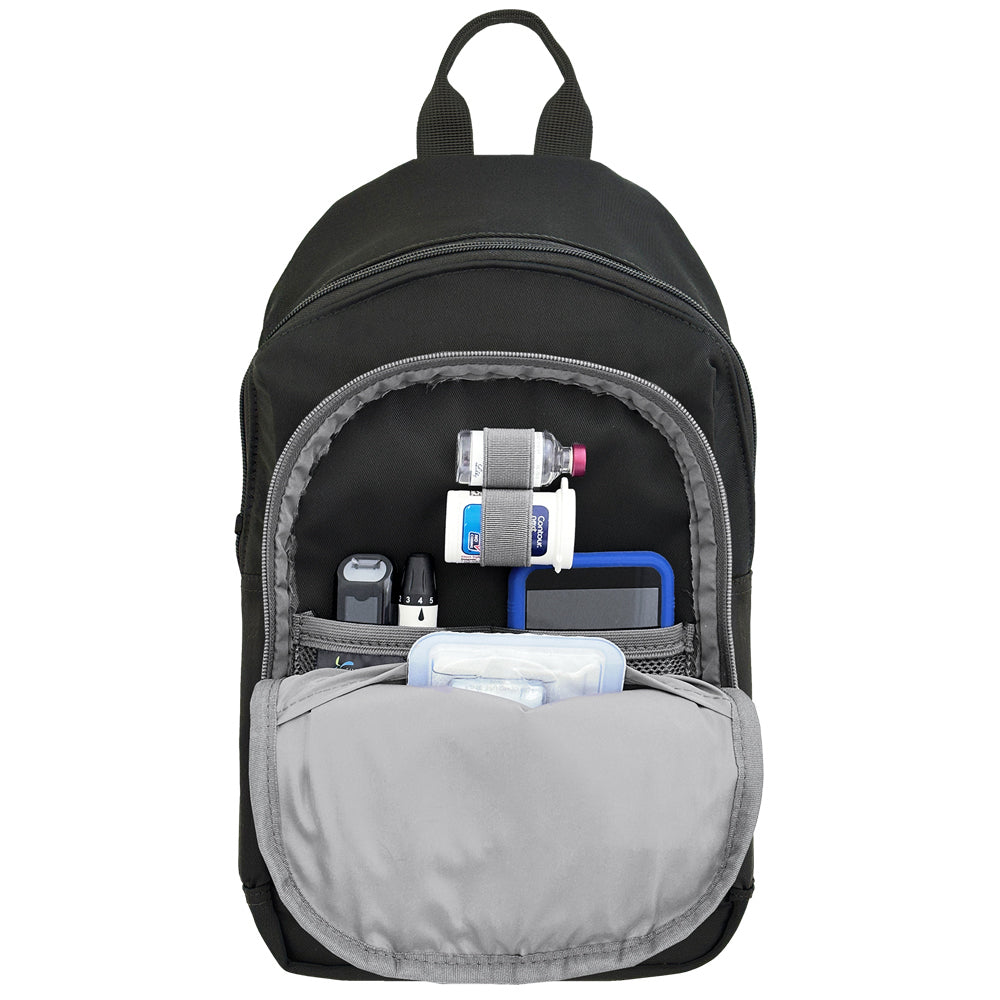 Black and gray backpack with front compartments open, showing organized Omnipod supplies in front pocket on a white background.