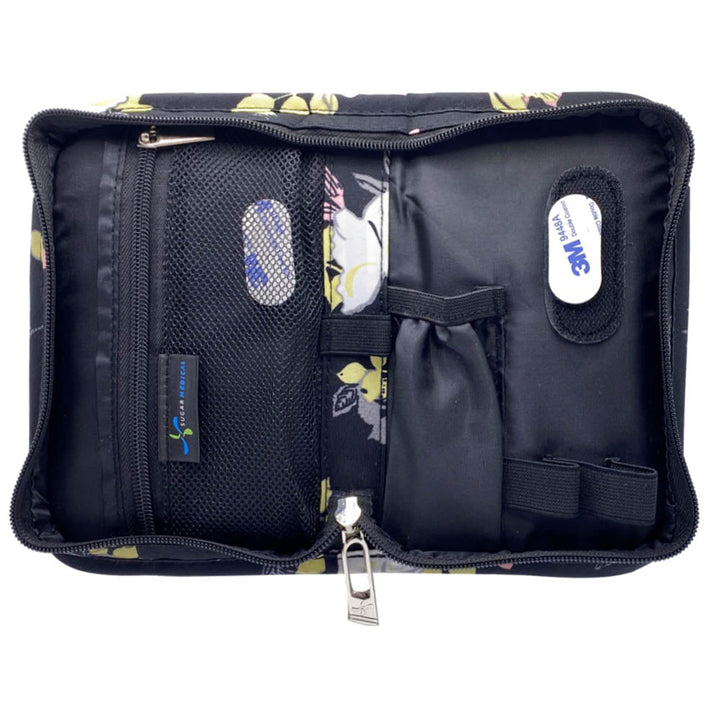 Sugar Medical Diabetes Supply Case II black with flowers inside with pockets and loops to organize your diabetic supplies. 