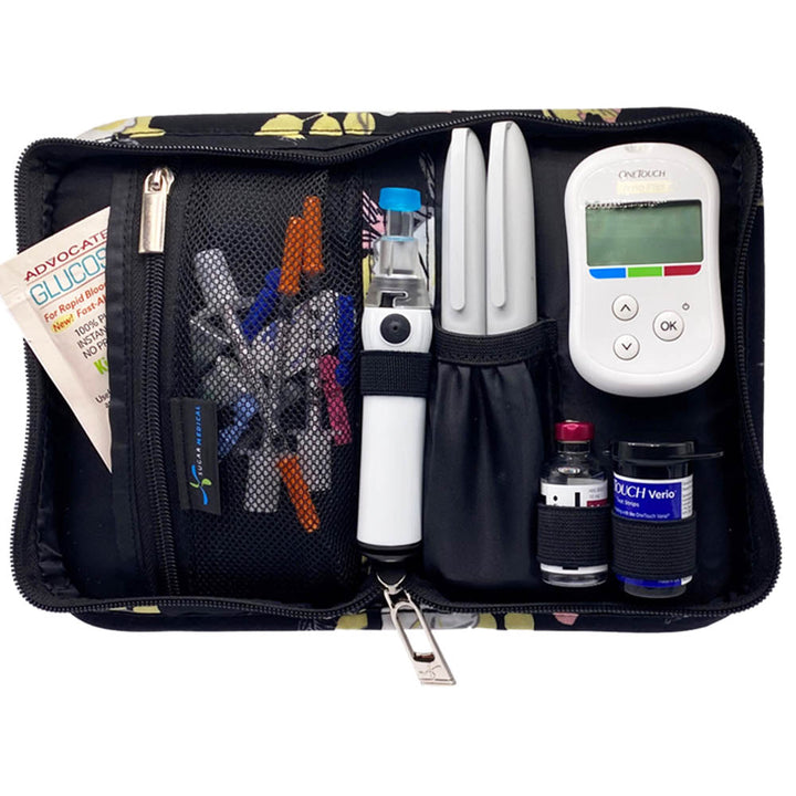 Sugar Medical Diabetes Supply Case II black with flowers inside set up with glucose meter, test strips, lancet, insulin pens and glucose sos. 