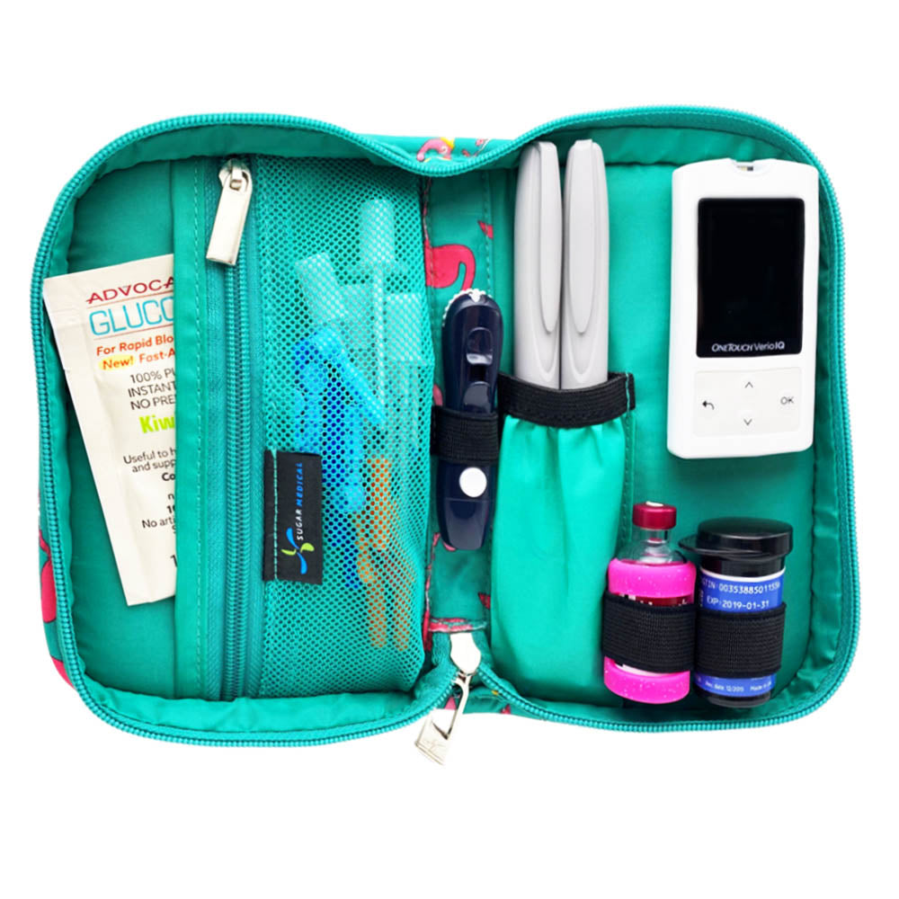 Sugar Medical Diabetes Supply Case II teal with pink flamingos inside set up with glucose meter, test strips, lancet, insulin pens and glucose sos. 