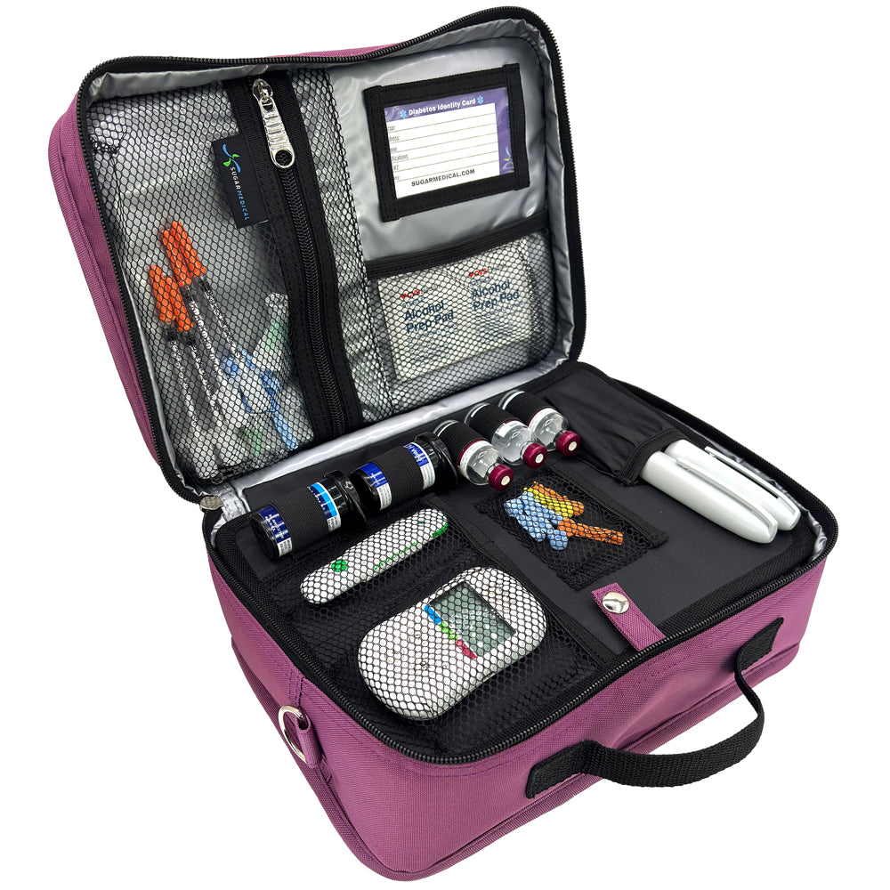 Diabetes Insulated Travel Bag in orchid front section has pockets for glucose meter and lancing device and loops for insulin vials and pocket for insulin pens. 