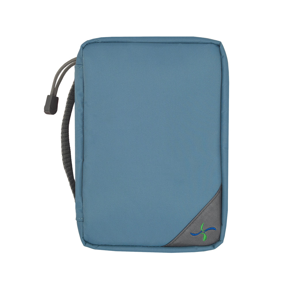 Sugar Medical steel blue Diabetes Insulated Organizer with Sugar Medical logo on bottom right keeps your supplies organized, protected and secure.