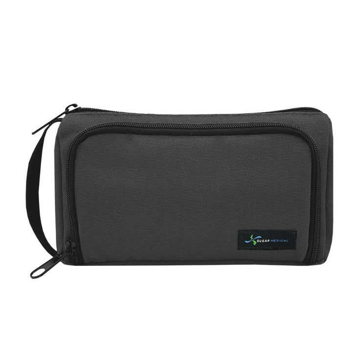 Black Insulated Diabetes Insulin Supply Case with front insulated pocket to keep insulin cool. 
