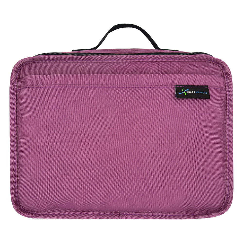 Orchid Purple insulated diabetes travel bag with multiple compartments and zipper closure, designed for carrying medical supplies.