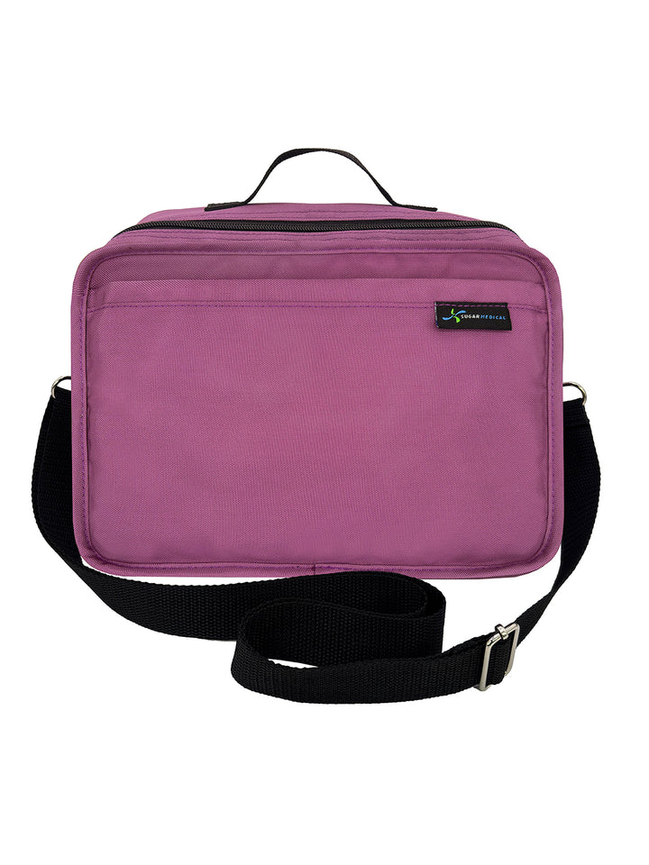 Front view of a orchid diabetes travel bag with a gray shoulder strap, zippered compartments, and a compact, durable design.