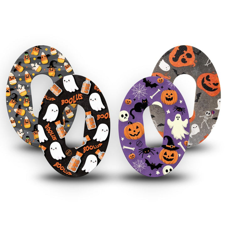 Special Edition Halloween Pack contains one of each of Expression Med Dexcom G6Tape patch designs: Candy Corn, Bolus Pod, Happy Halloween and Halloweeny.