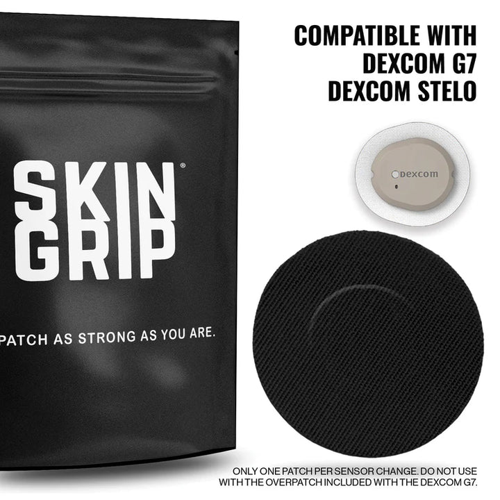 Front of Skin Grip Original Patches package for Dexcom G7, shown alongside a Dexcom G7 sensor—highlighting product compatibility; clean black design with clear labeling and quantity visible.