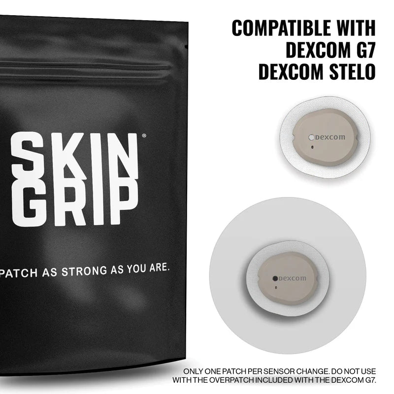 Front of Skin Grip Original Patches package for Dexcom G7, shown alongside a Dexcom G7 sensor—highlighting product compatibility; clean clear design with clear labeling and quantity visible.