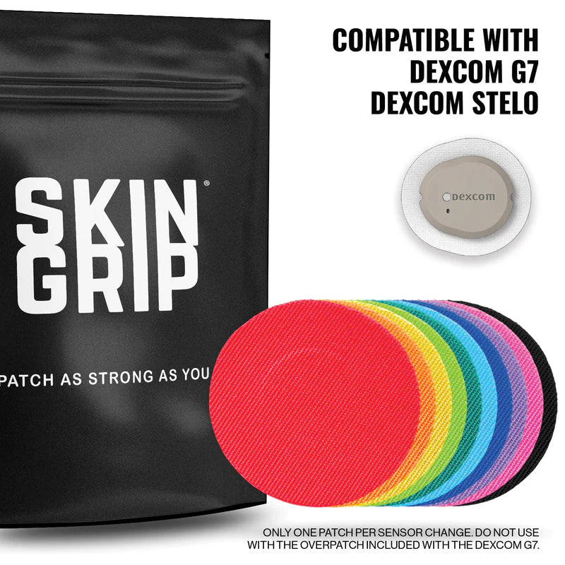 Front of Skin Grip Original Patches package for Dexcom G7, shown alongside a Dexcom G7 sensor—highlighting product compatibility; clean rainbow design with clear labeling and quantity visible.