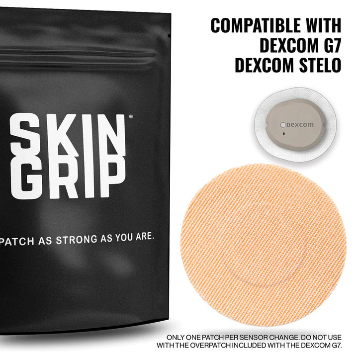 Front of Skin Grip Original Patches package for Dexcom G7, shown alongside a Dexcom G7 sensor—highlighting product compatibility; clean tan design with clear labeling and quantity visible.