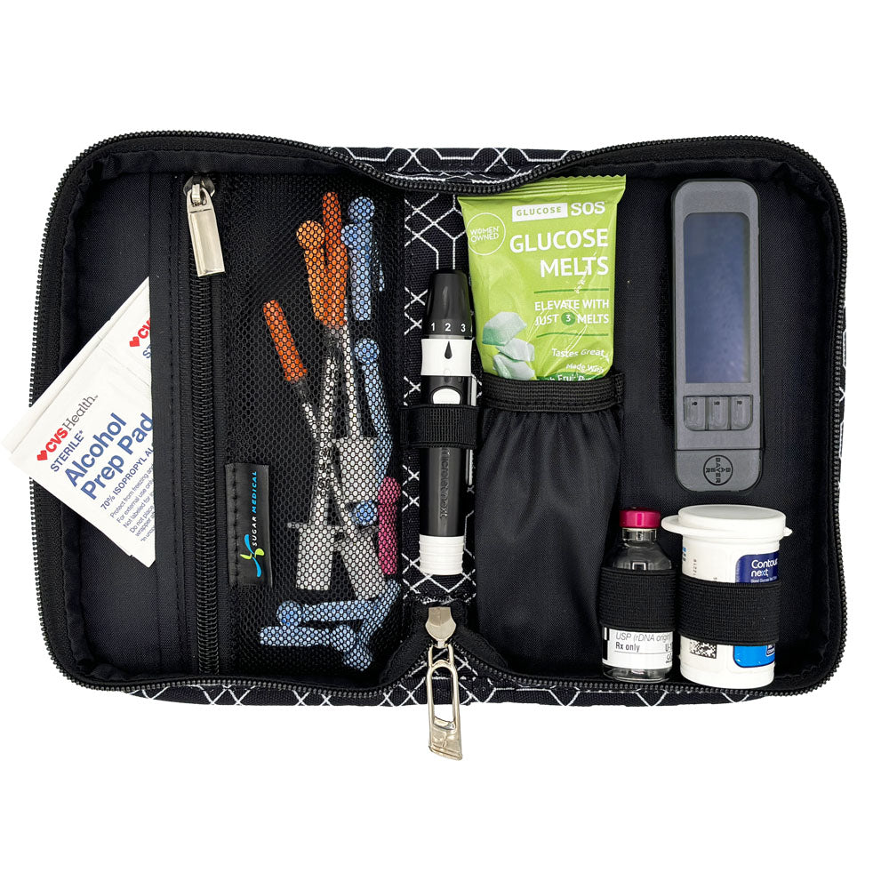 Sugar Medical Diabetes Supply Case II black and white geometric pattern inside set up with glucose meter, test strips, lancet, and glucose melts and wipes. 