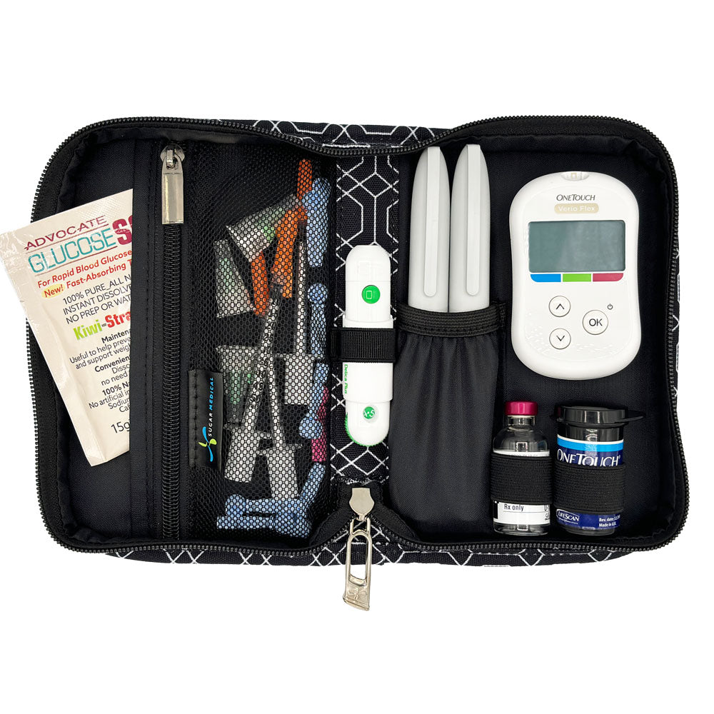 Sugar Medical Diabetes Supply Case II black and white geometric pattern inside set up with glucose meter, test strips, lancet, insulin pens and glucose sos. 