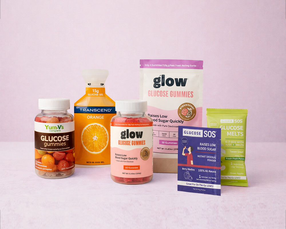 Collection of glucose supplement products on a light pink background
