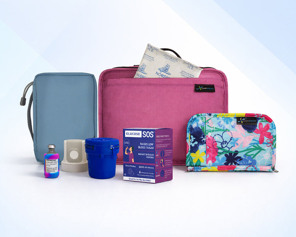 Collection of diabetes travel organizers bags on a white and light blue background. 