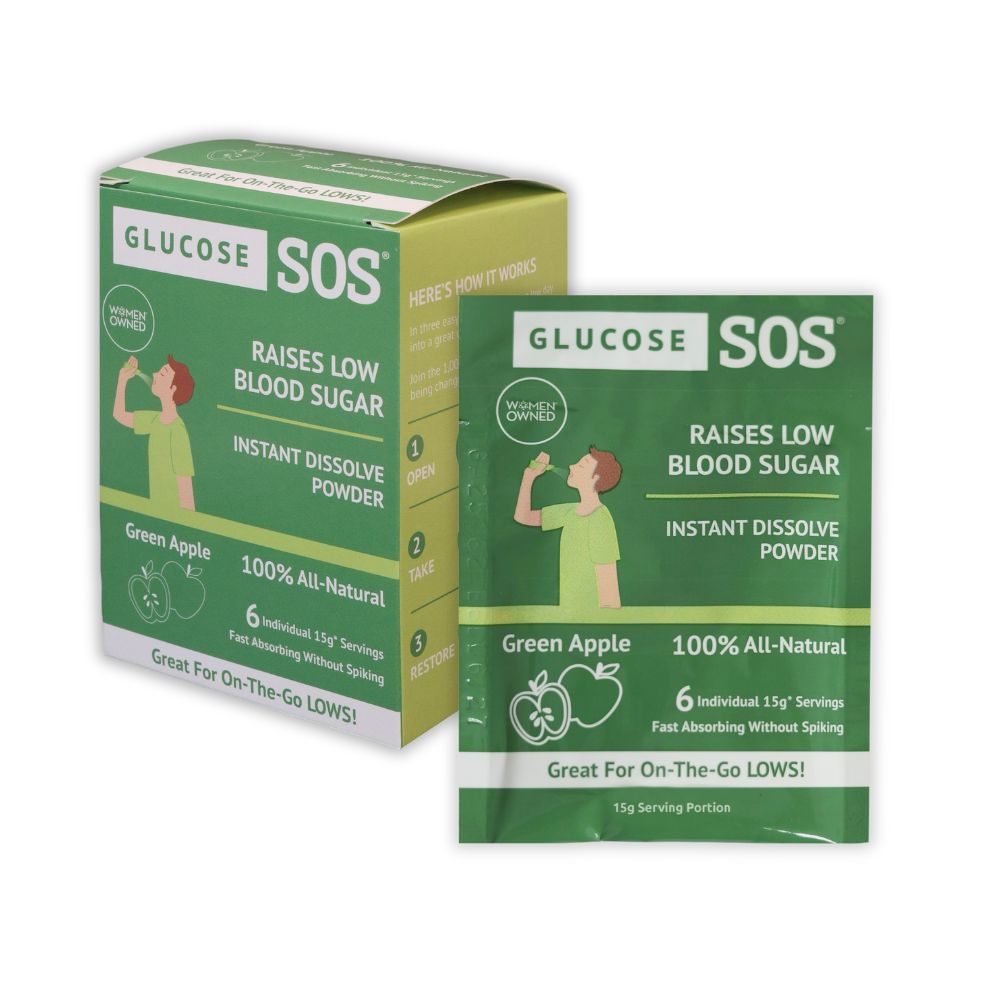 A box of Green Apple Crisp Glucose SOS with two packets pulled out of the box of six. 