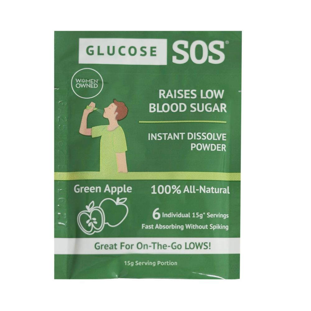 Single serving packet of Green Apple Crisp Glucose SOS. 
