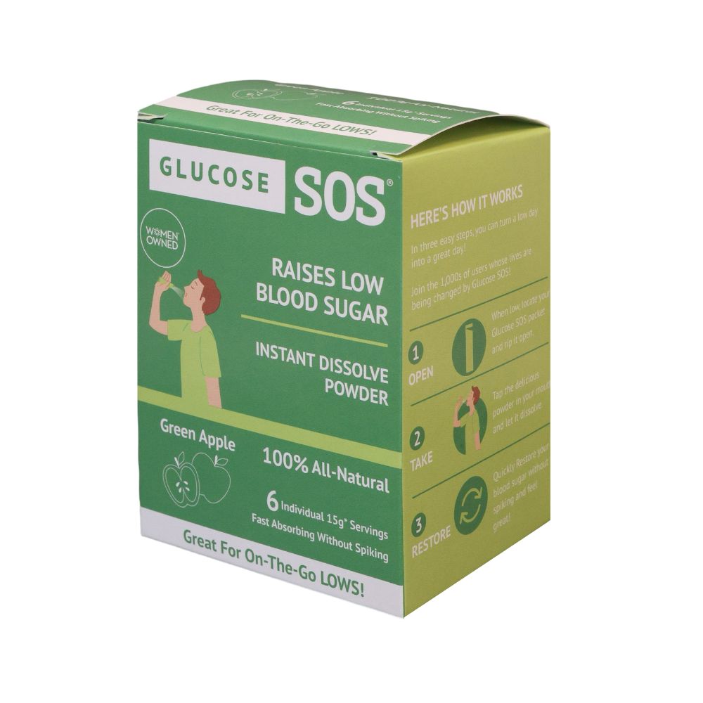 Glucose SOS packaging with green and white design on a white background