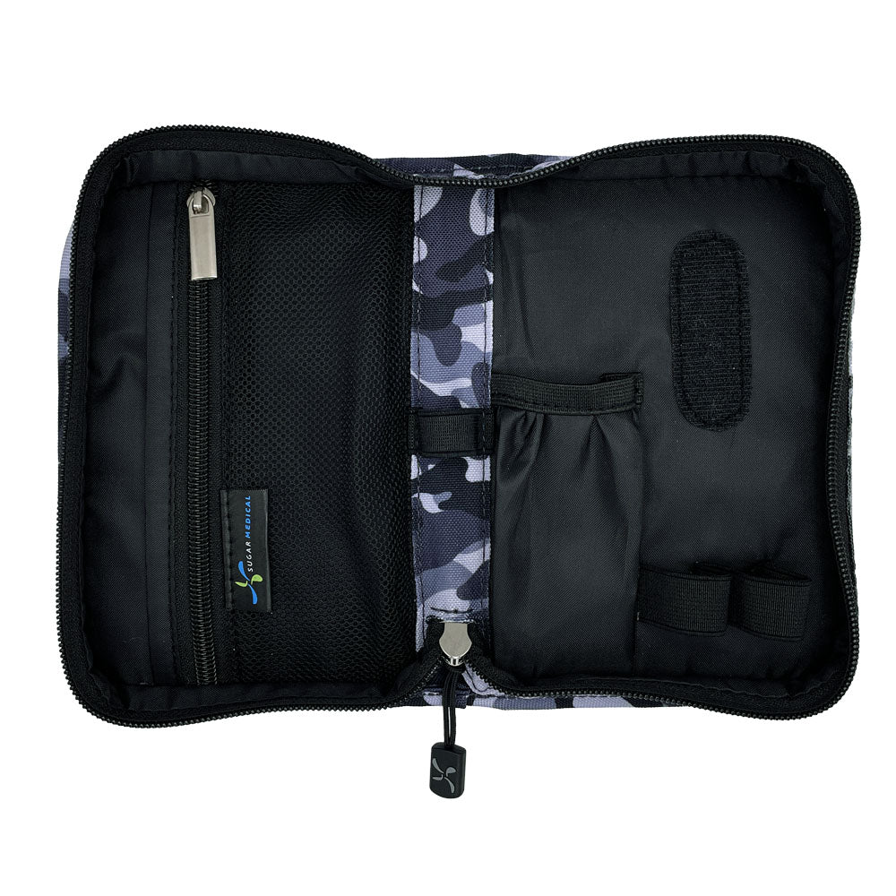 Sugar Medical Diabetes Supply Case II grey and black camo inside with pockets and loops to organize your diabetic supplies. 