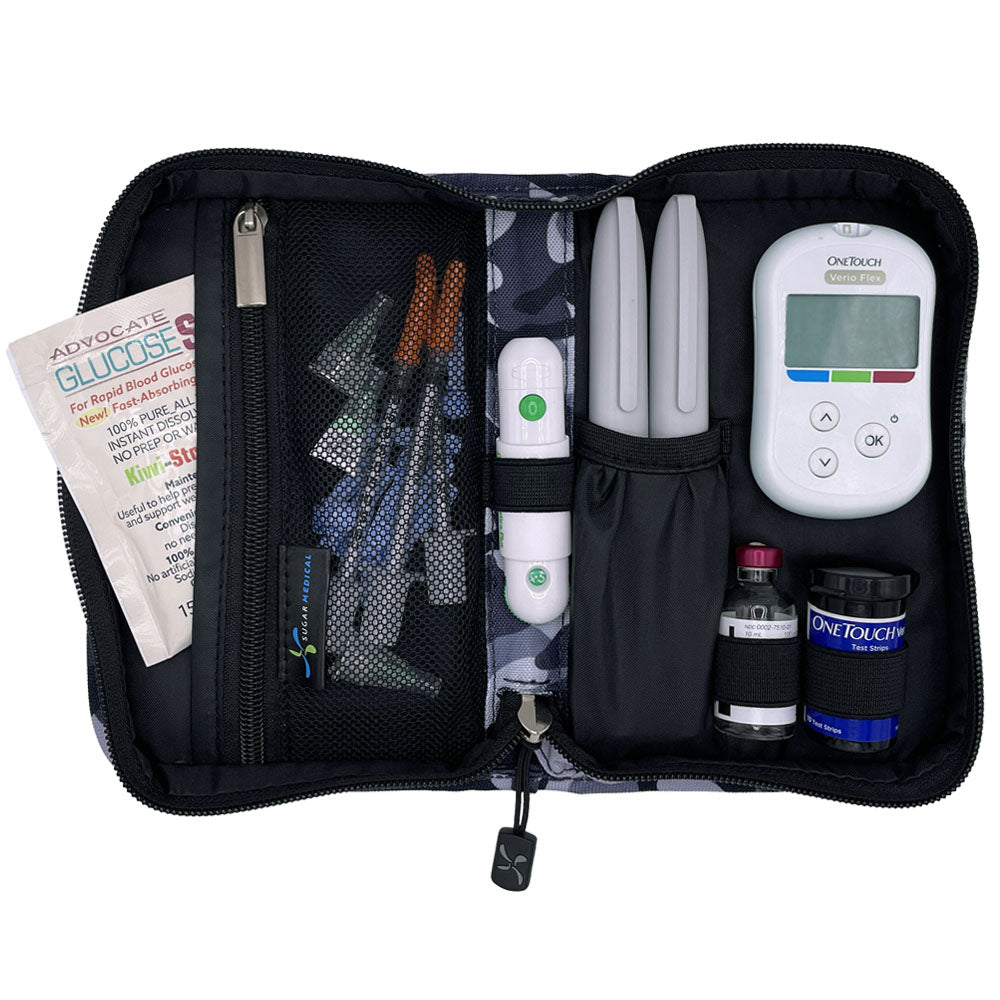 Sugar Medical Diabetes Supply Case II grey and black camo inside set up with glucose meter, test strips, lancet, insulin pens and glucose sos. 