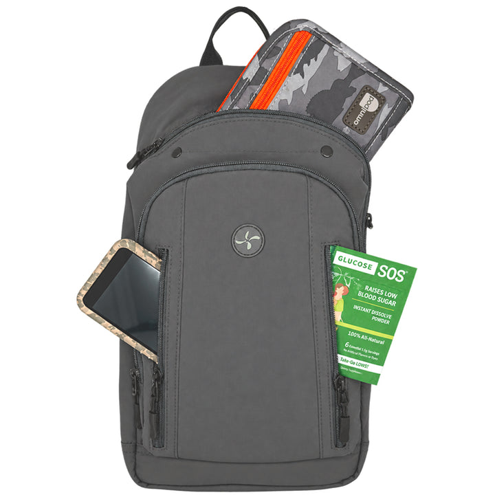 A dark gray backpack shown on a white background, filled with various items including a camouflage wallet with an orange zipper, a phone in a side pocket, and a green Glucoze SOS rescue tag hanging from the front zipper.