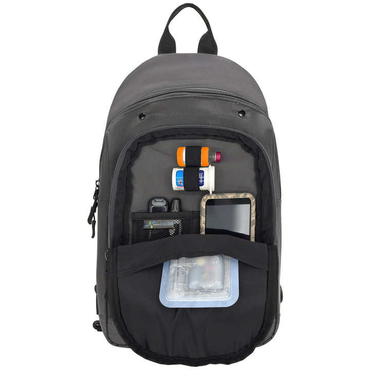 A dark gray backpack shown open against a white background, displaying its front organizer pocket filled with various items like a water bottle, phone, and small accessories.