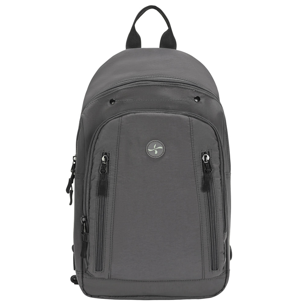 A dark gray backpack with multiple zippered pockets and a top carry handle, shown against a plain white background.