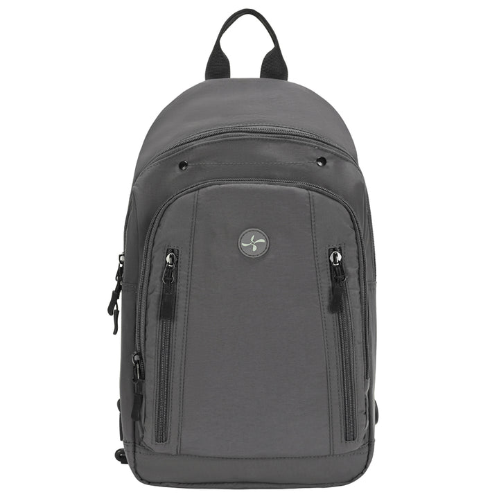 A dark gray backpack with multiple zippered pockets and a top carry handle, shown against a plain white background.