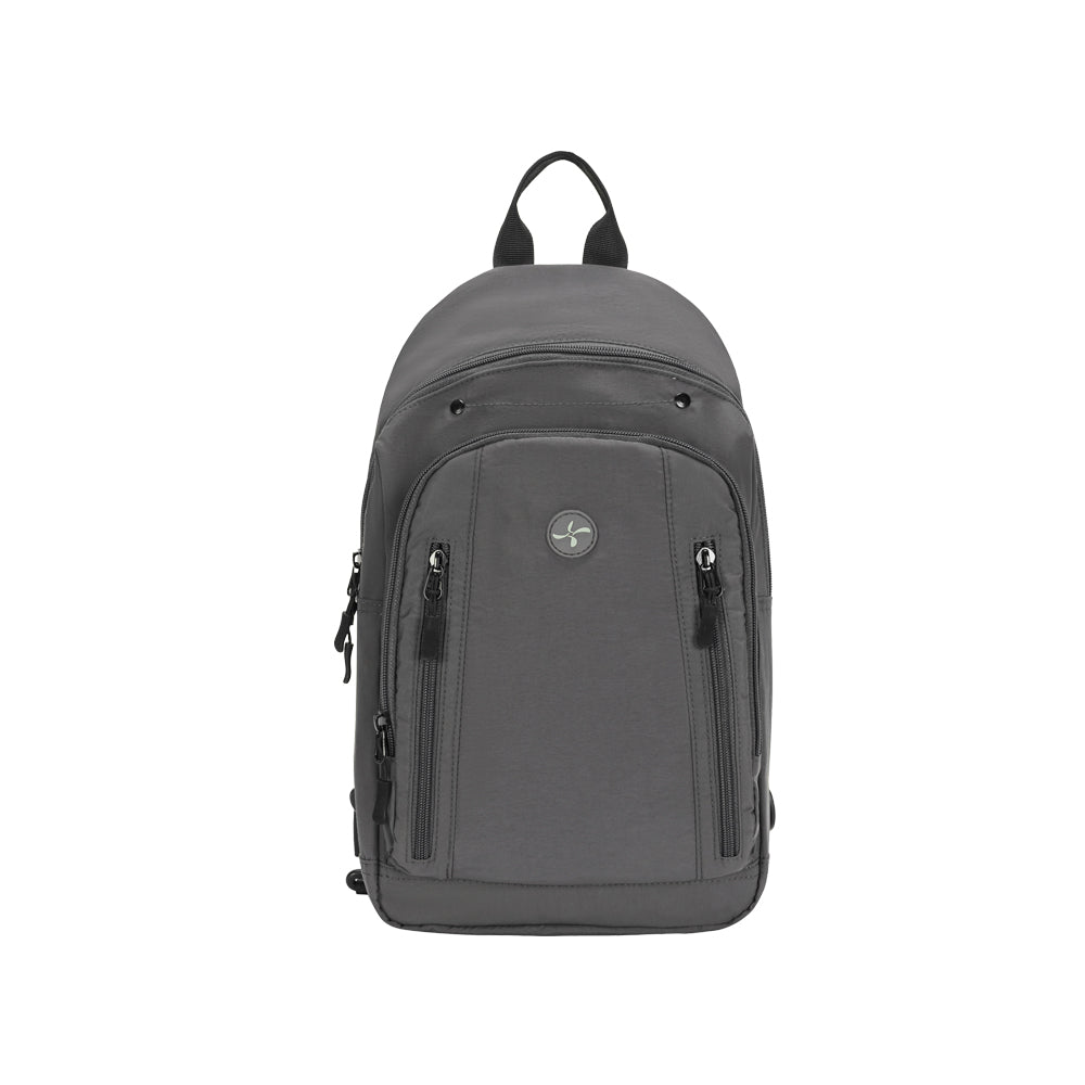 Black backpack with a textured pattern on a white background