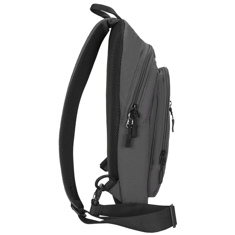 A dark gray and black sling backpack shown from a side profile view against a solid white background.