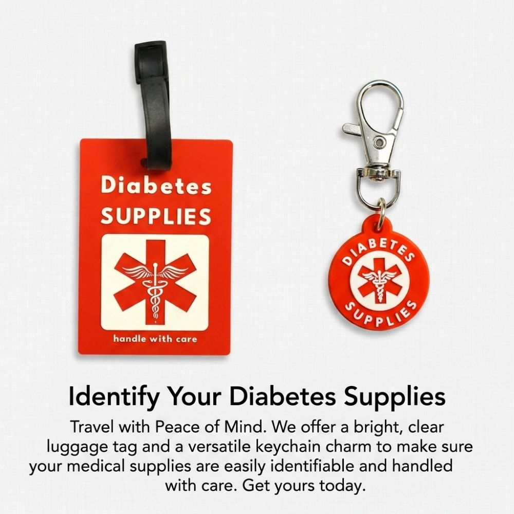 Medical ID charm with clip and luggage tag, text: "Diabetes Supplies" with medical symbol. Text below: "Identify Your Diabetes Supplies" and product description.