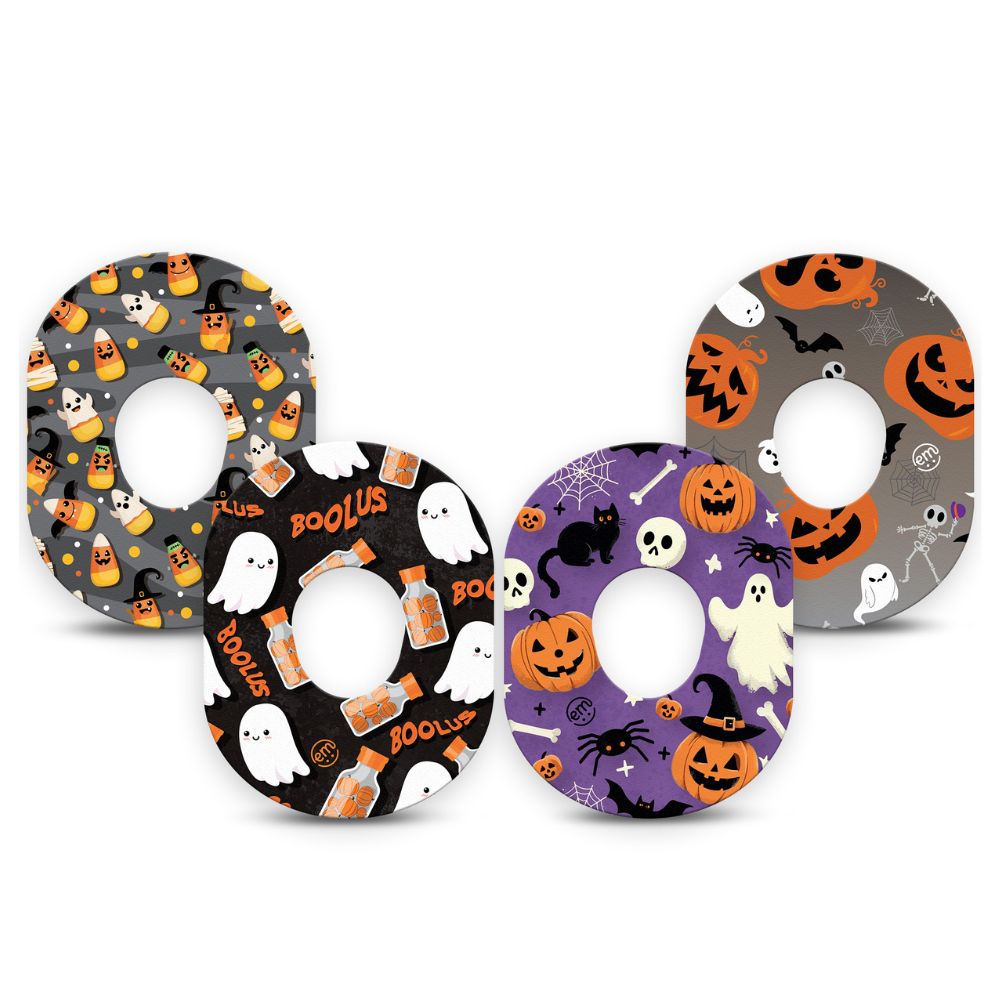 Special Edition Halloween Pack contains one of each of Expression Med Dexcom G7 Tape patch designs: Candy Corn, Bolus Pod, Happy Halloween and Halloweeny.