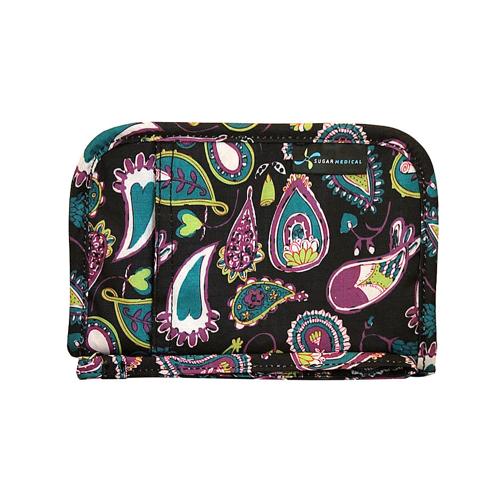Sugar Medical Diabetes Supply Case II front that is black with purple and teal paisley pattern.